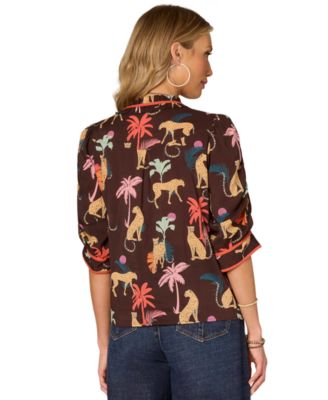Petite Printed Split-Neck Ruched-Sleeve Top
