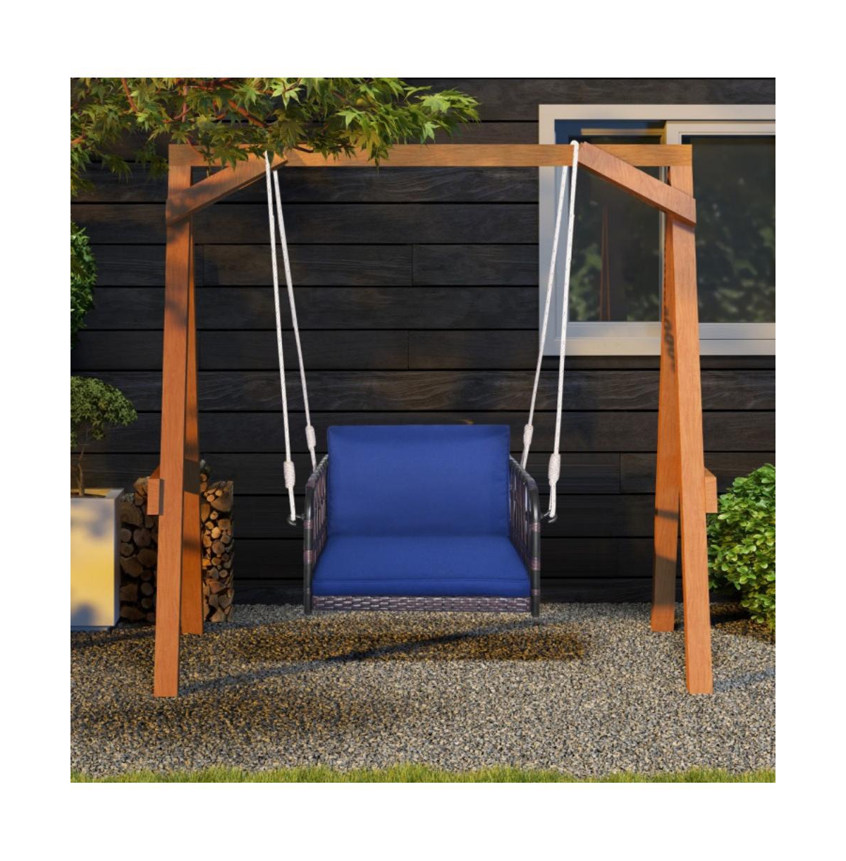 1-Person Rattan Hanging Porch Swing Seat with Cushions and Ropes