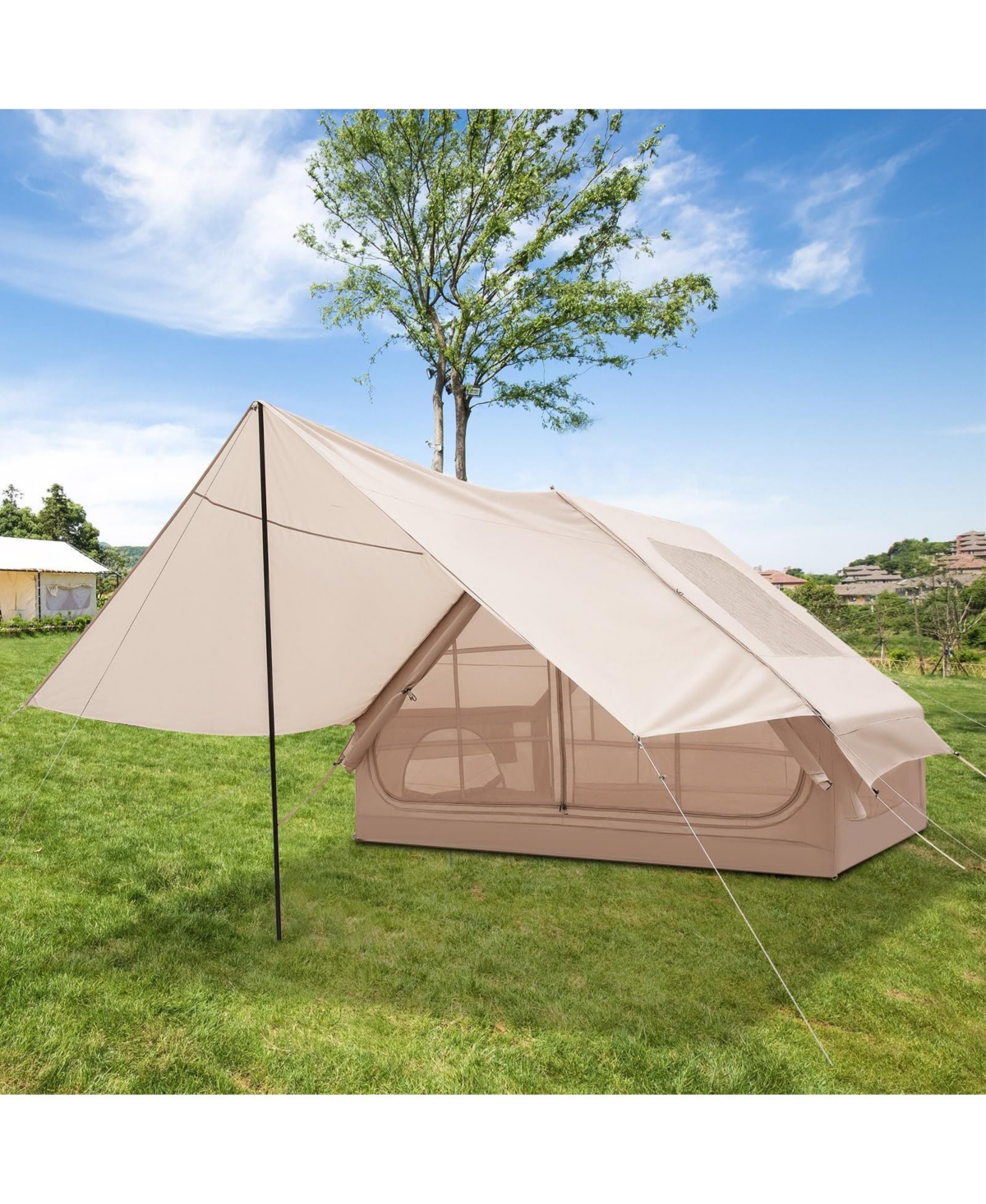 4-6 People Inflatable Camping Tent with Porch and Carrying Bag - Open beige