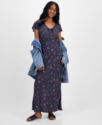 Women's Floral-Print Lace-Trim Slip Dress