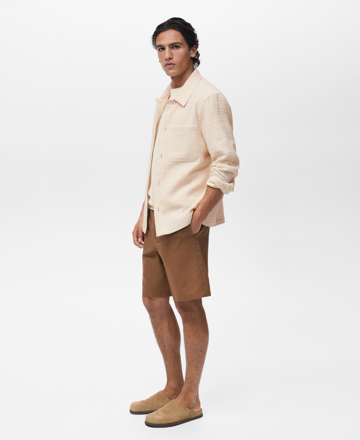 Mango Structured Cotton Blend Overshirt In Neutral