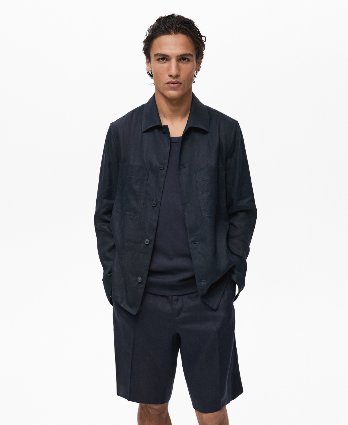 Mango Men's Linen Pockets Overshirt In Blue