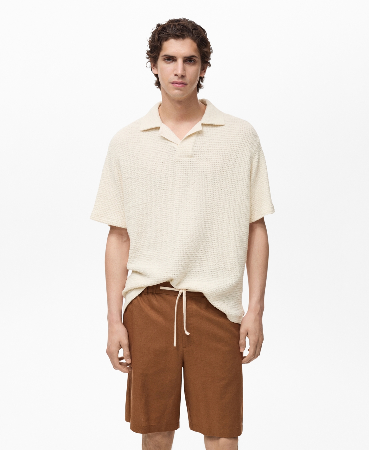 Men's Crochet Cotton Polo Shirt - Ivory White