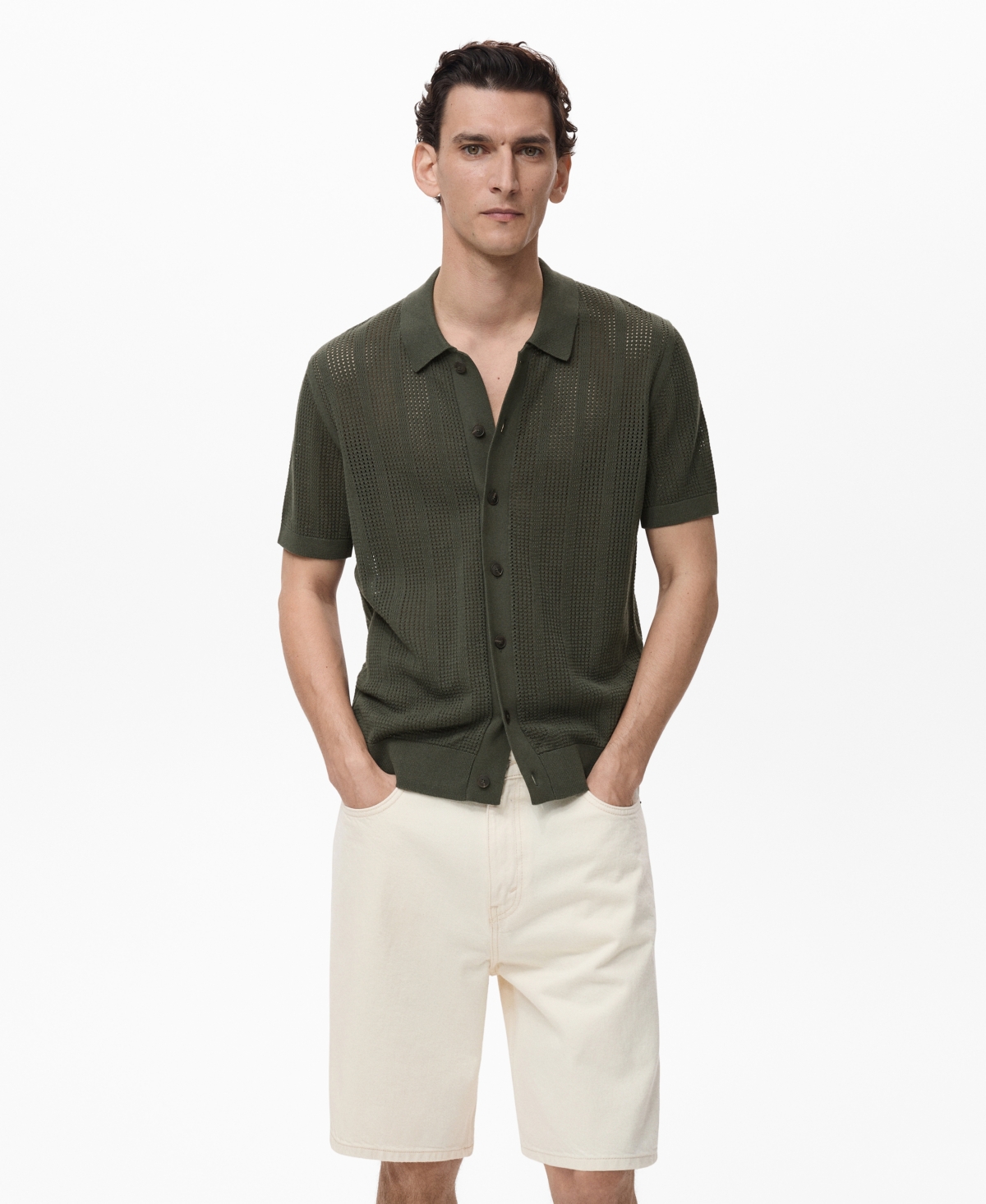 Men's Striped Openwork Knitted Shirt - Khaki
