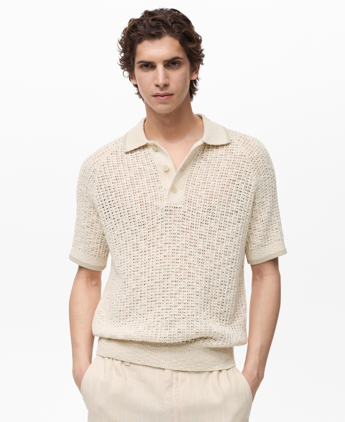 Men's Openwork Knitted Cotton Polo Shirt - Ivory White
