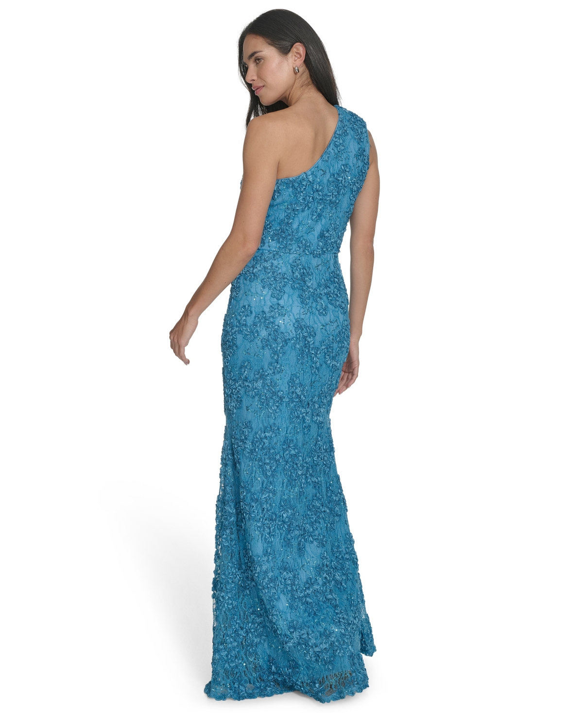 Jessica Howard Petite One-shoulder Sequin Lace Gown In Blue
