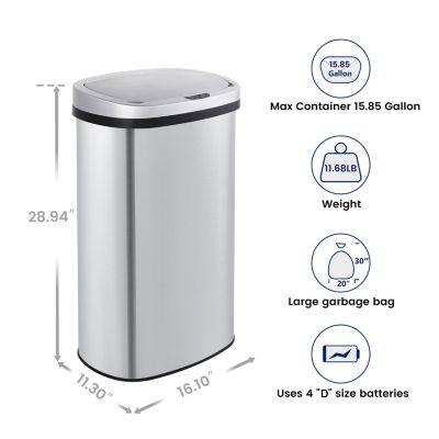 15.85 Gal./60 Liter Stainless Steel Oval Motion Sensor Trash Can for Kitchen
