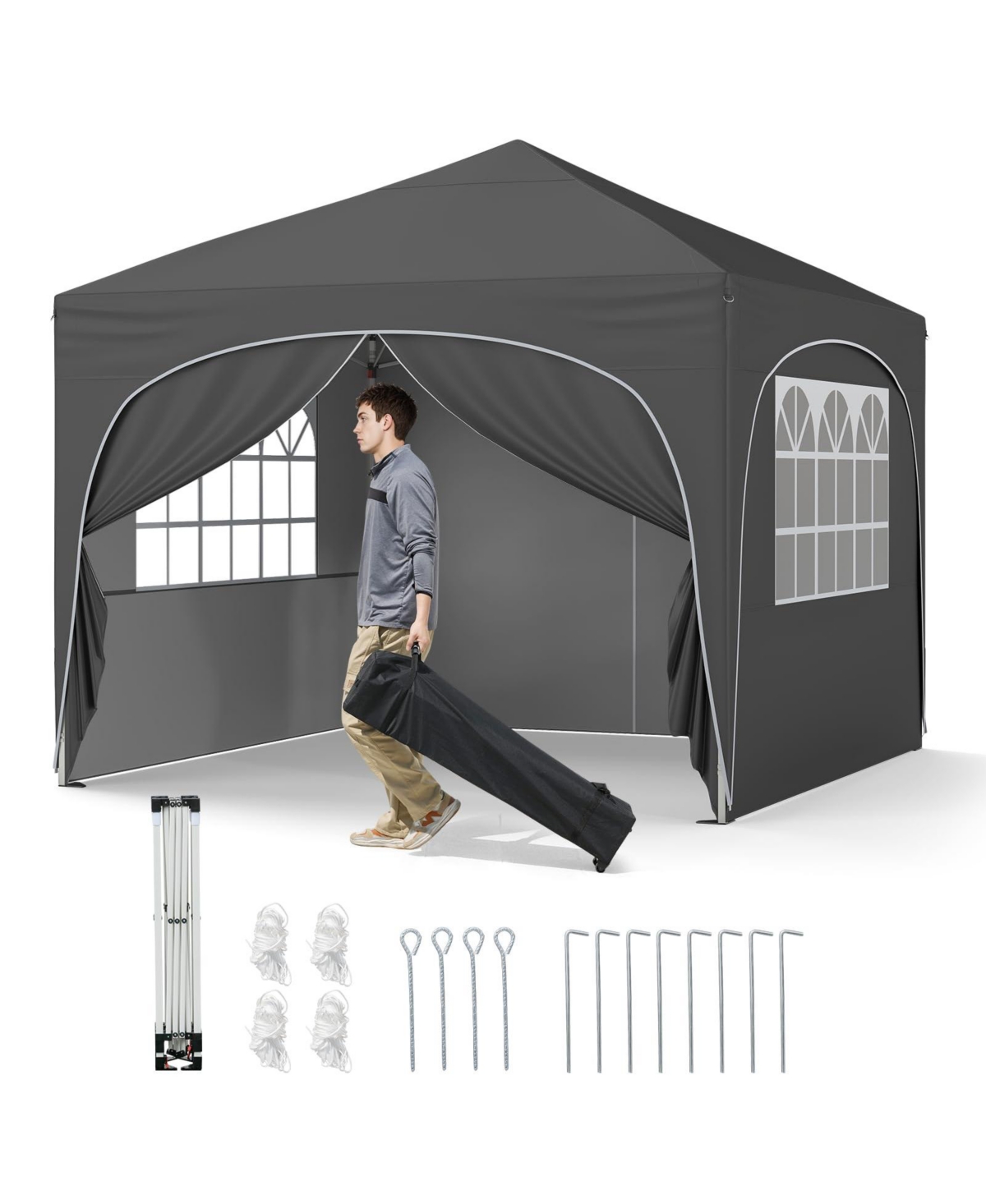 10 X 10 Ft Pop up Canopy Tent with 4 Removable Sidewall - Grey