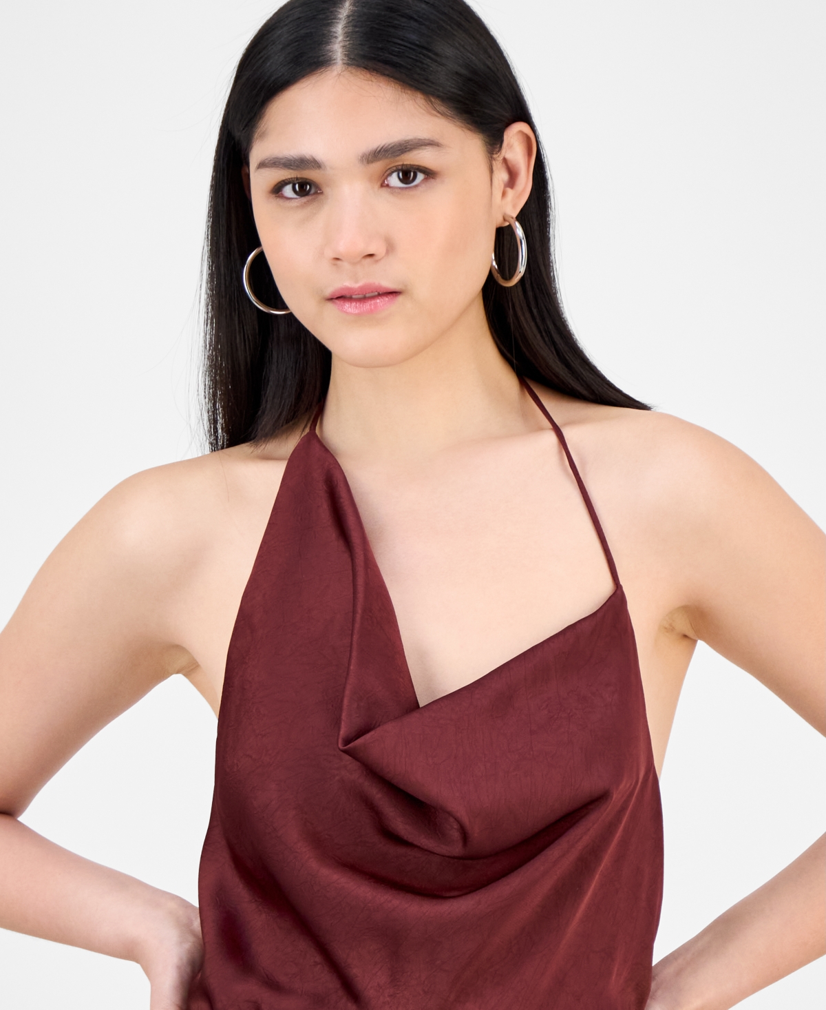 Bar Iii Women's Satin Cowl-neck Wide-leg Jumpsuit, Macy's Exclusive In Brown