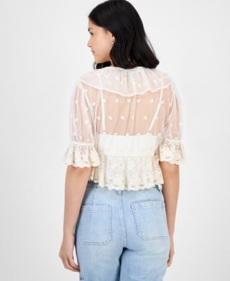 Women's V-Neck Ruffle-Trim Mesh Top, Exclusively at Macy's