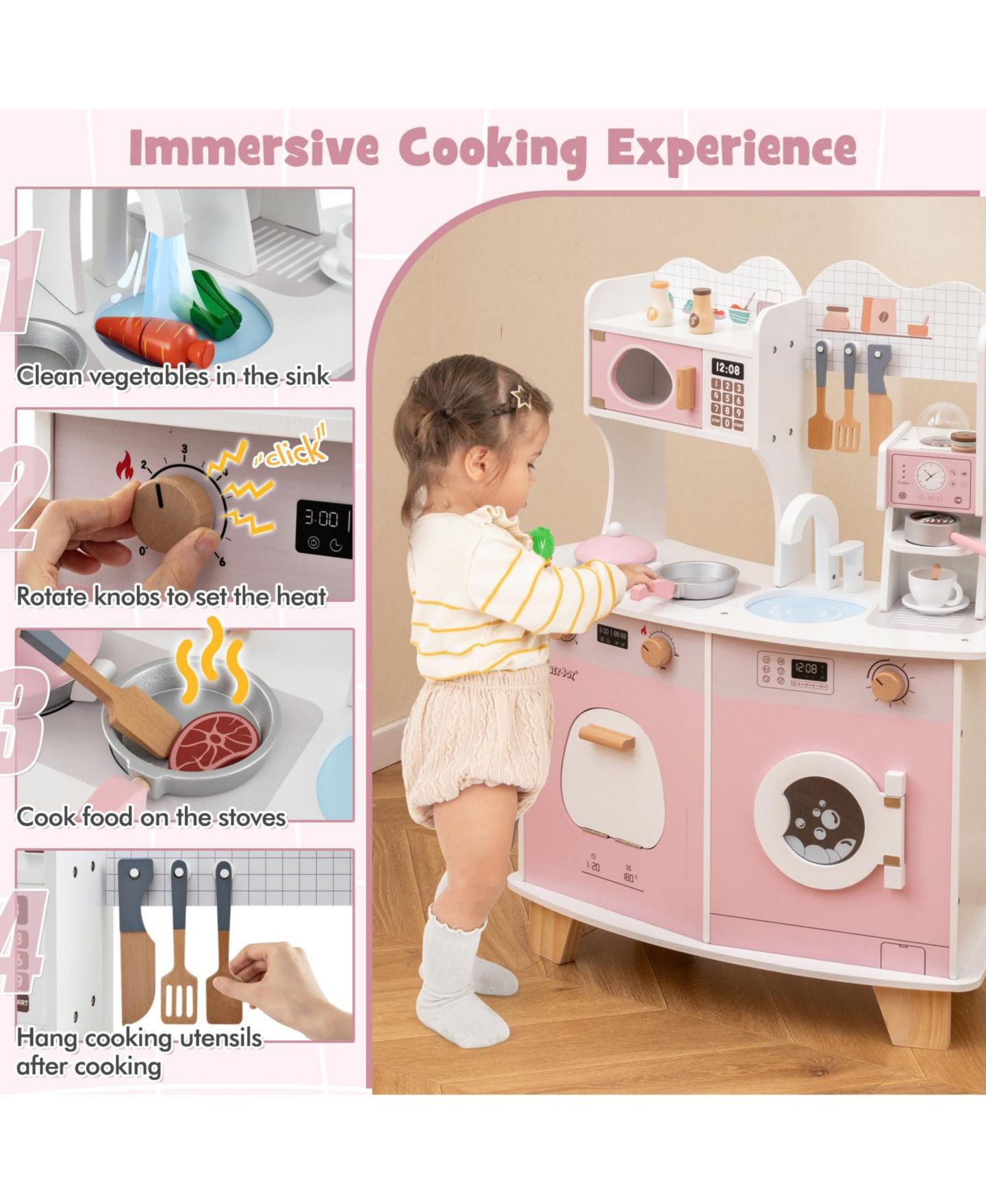 Детский игровой набор Mecale Wooden Coffee Maker Kitchen Playset, Ages 3+, цвет: Розовый — фото 9
