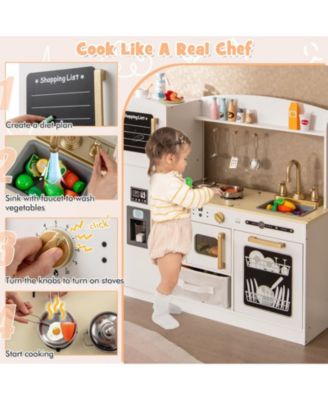 Wooden Kids Kitchen Playset with Chalkboard Ice Maker Sink Lighted Microwave