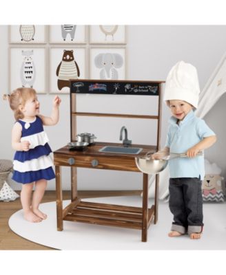 Mud Kitchen Fir Wood Play Kitchen with 4 Panting Pots Faucet Removable Sink