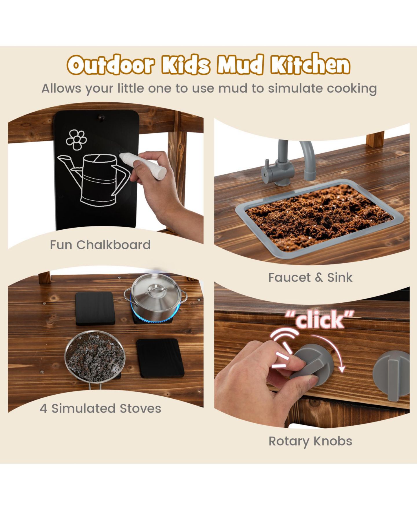 Детская игрушка Mecale Kid's Mud Kitchen Outdoor Solid Wood Mud Kitchen with Canopy, цвет: Натуральный — фото 7