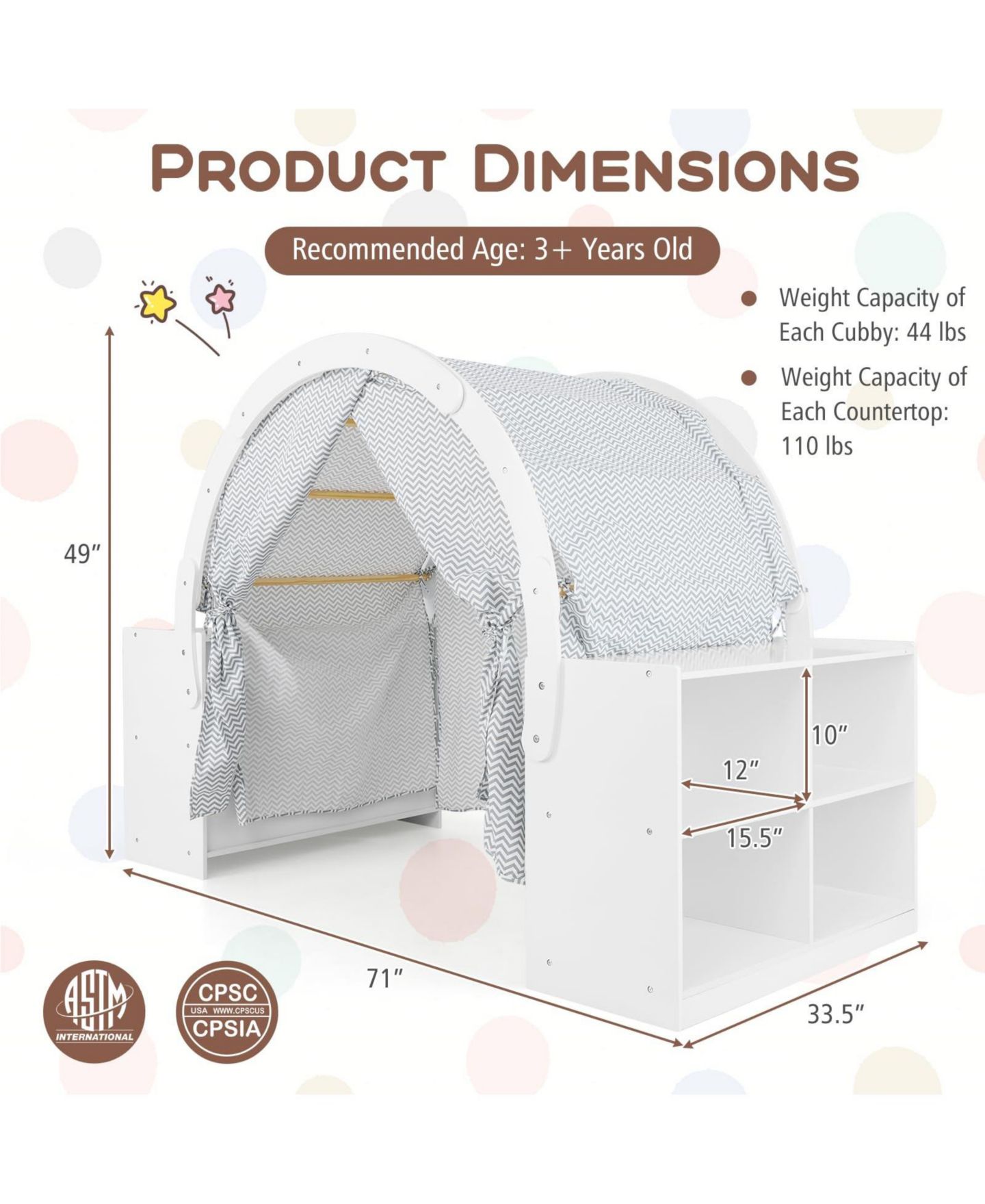 Детская игрушка Mecale Wooden 8-Cubby Storage Curtain-Shades Play Tent, Ages 3+, цвет: Белый — фото 3