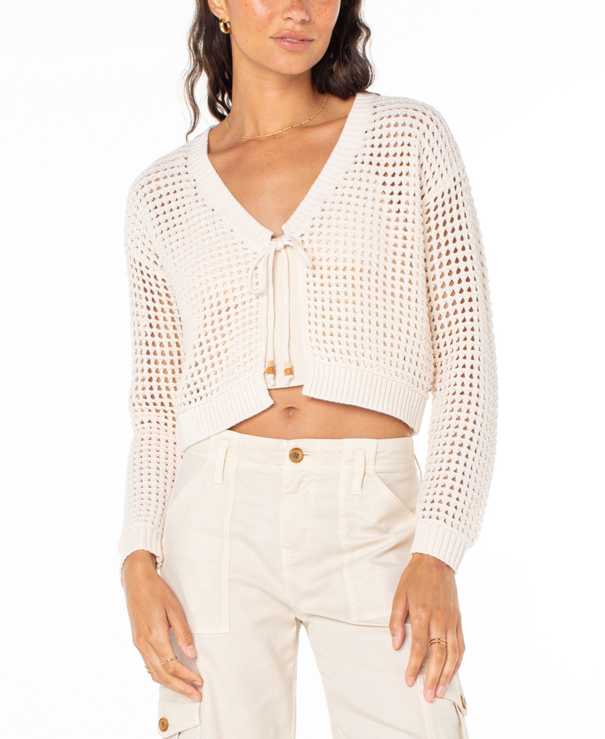 Roxy Juniors' Ivy Cotton Crochet Cropped Cardigan In Brown