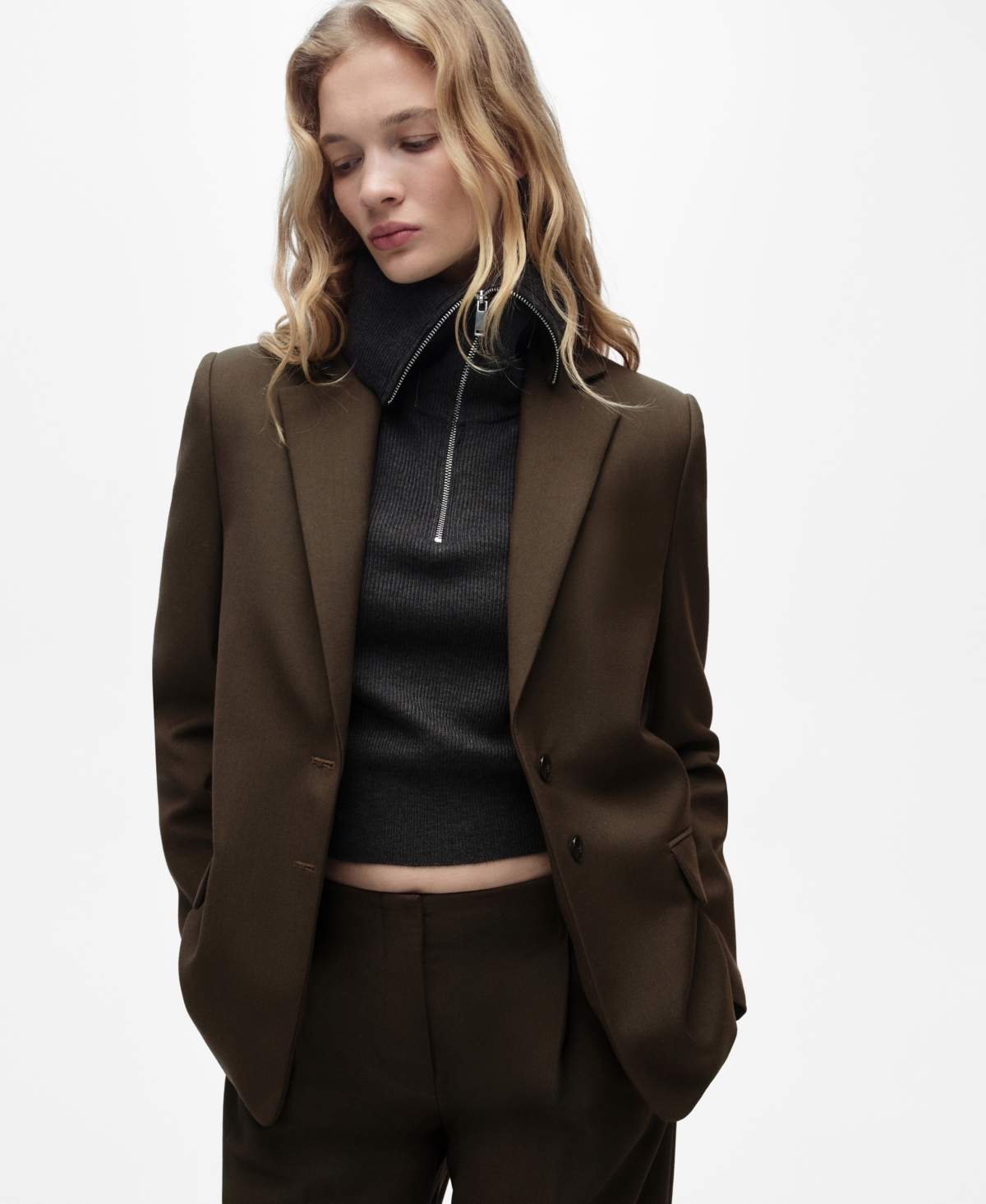 Women's Straight-Fit Suit Jacket - Khaki