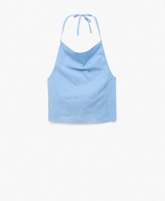 MANGO - Women's Rhinestone Detail Cotton Halter Top