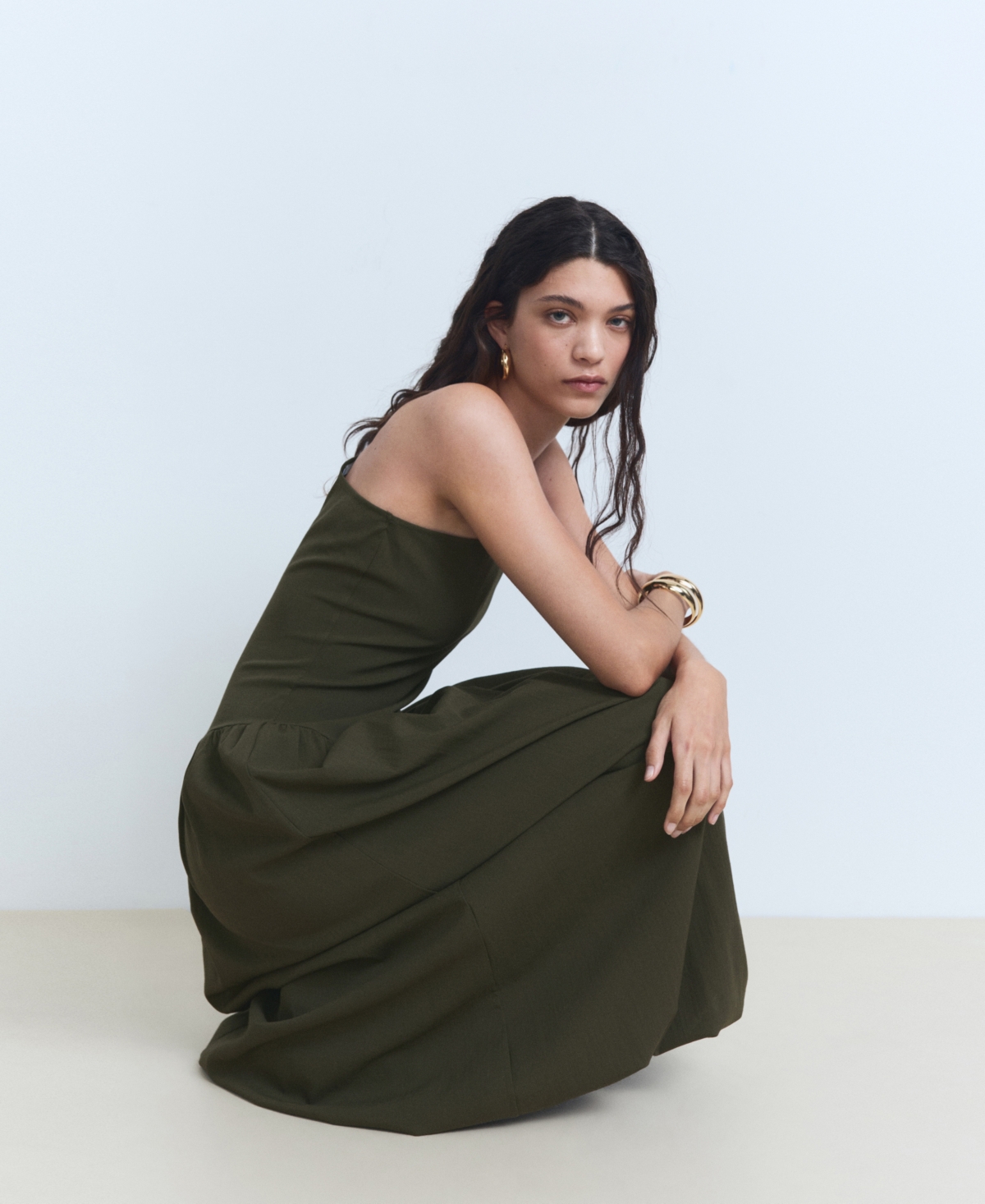 Mango One-shoulder Bubble Hem Midi Dress In Green
