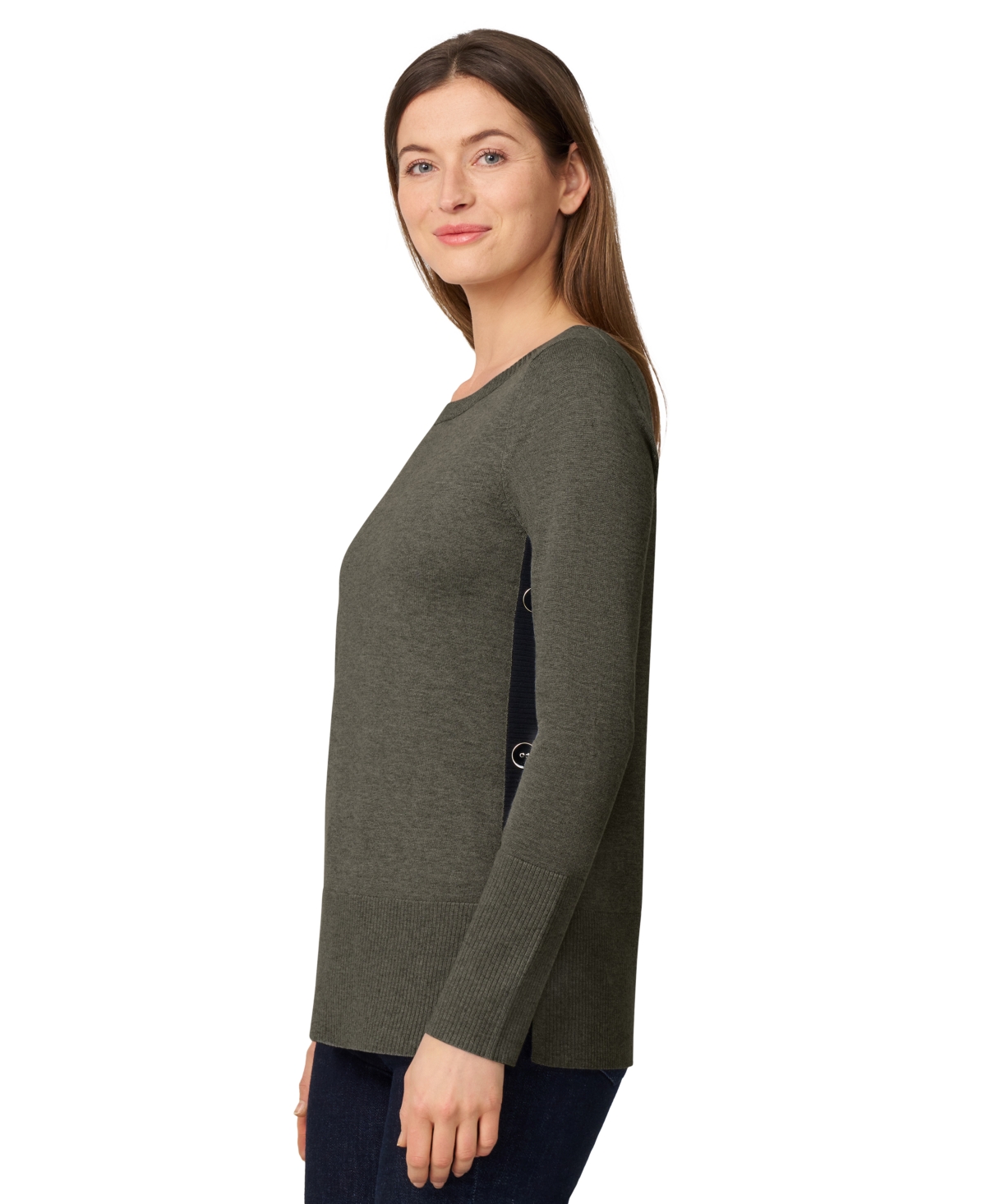 Melissa Paige Women's Contrast-trim Side-button Tunic Sweater In Gray