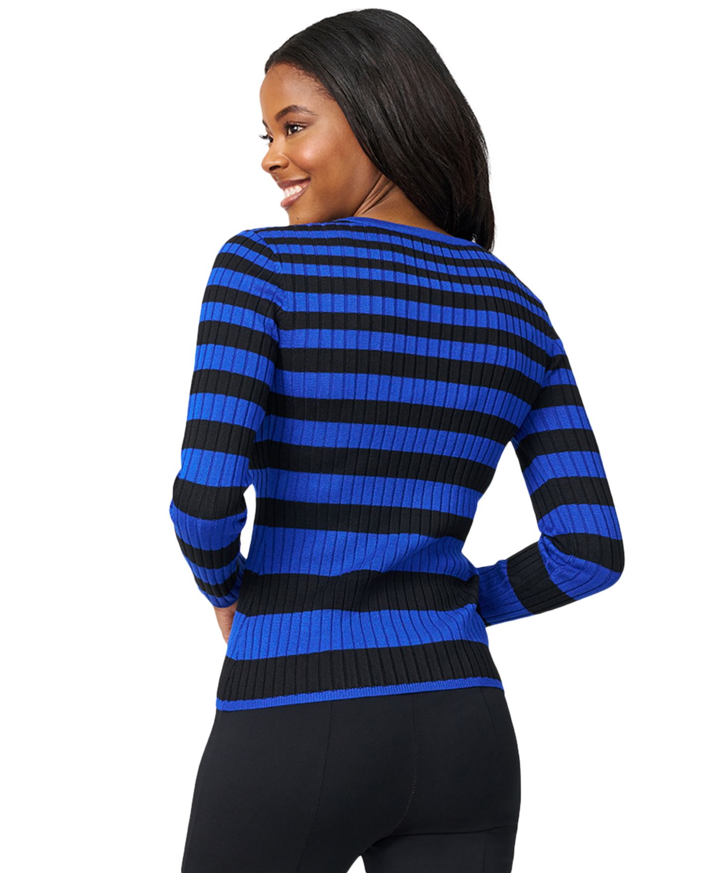 Женский свитер Melissa Paige Striped Ribbed Crewneck, цвет: Синий / Чёрный — фото 7