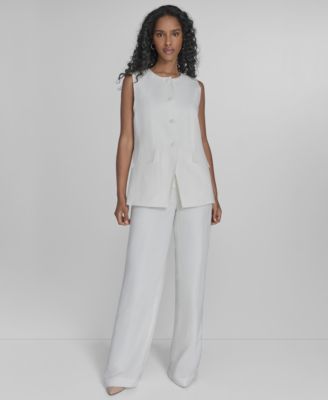 Women's Faux Denim 3/4 Sleeve Jacket, Johnny-Collar Sleeveless Sweater & Cotton-Blend Wide-Leg Pants