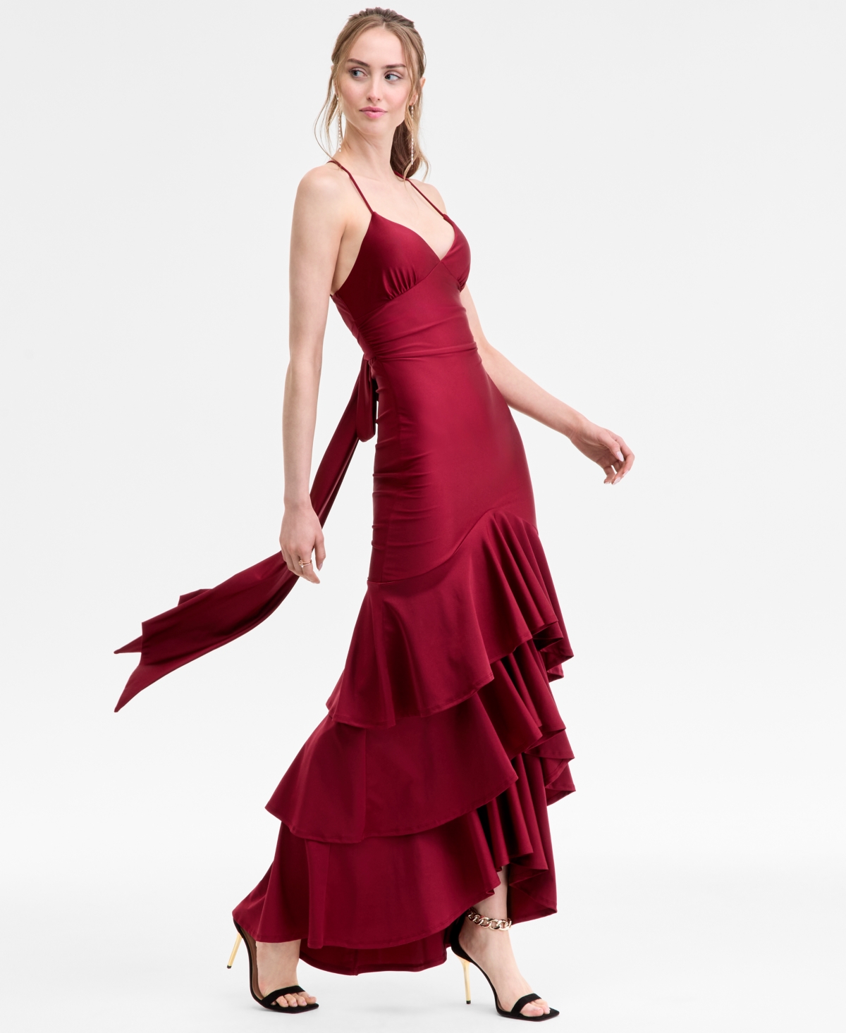 Katia Rae Juniors' V-neck Ruffled Tie-back Gown In Burgundy