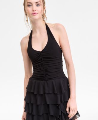 Juniors' Asymmetric Ruffled Halter Bodycon Dress