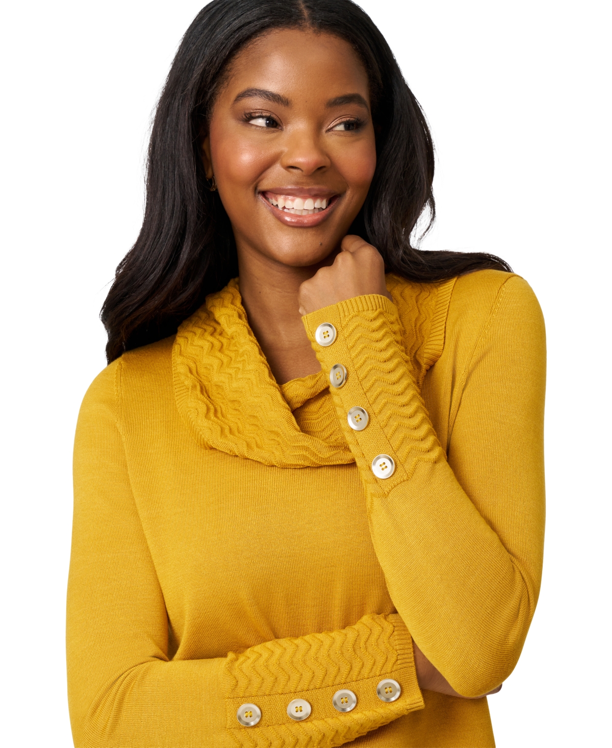 Melissa Paige Women's Chevron-trimmed Cowl-neck Sweater In Yellow
