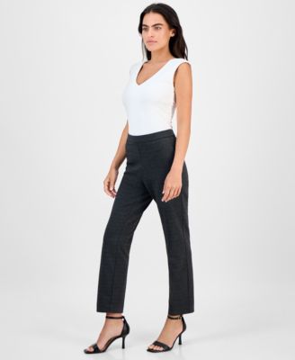 Petite Mid-Rise Pull-On Herringbone Straight-Leg Ankle Pants 