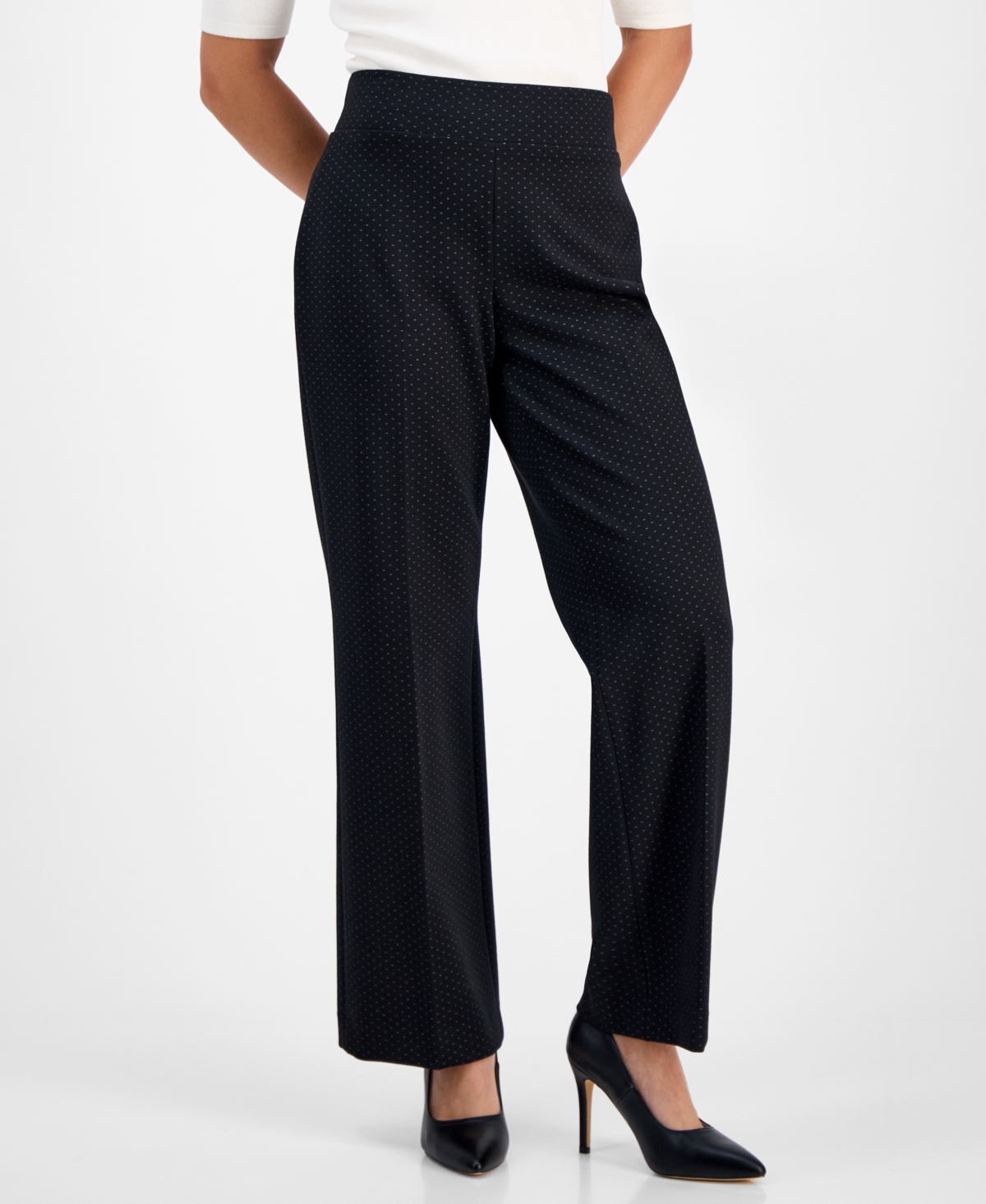 Anne Klein Petite Dot-print Pull-on Ponte Pants In Black