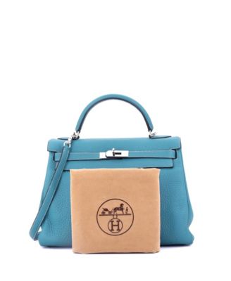 Pre-Owned Hermes Kelly 32 Handbag Blue Clemence with Palladium Hardware