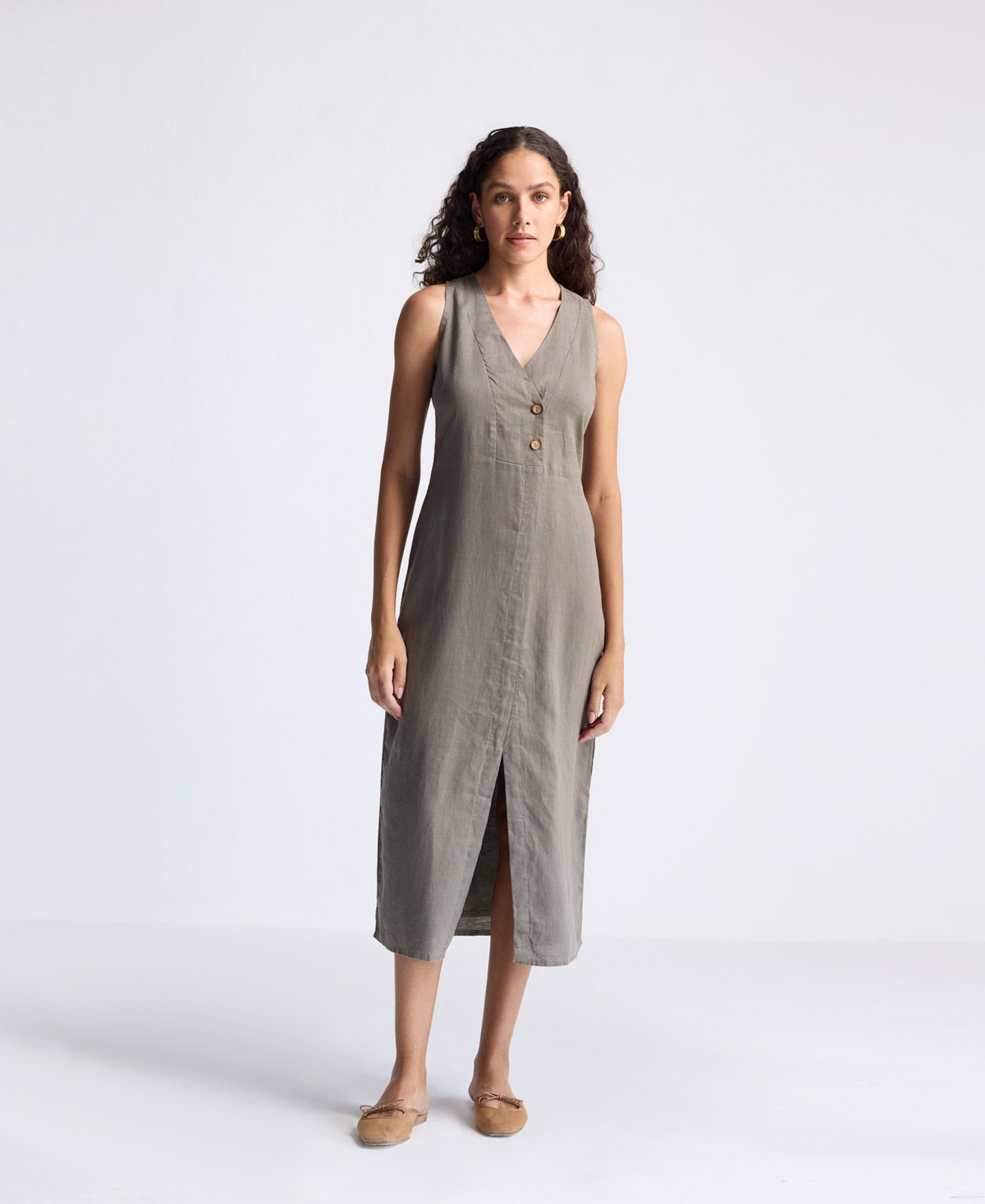 Straight Dress with Front Slit in Dark Green Hemp - Dark green hemp