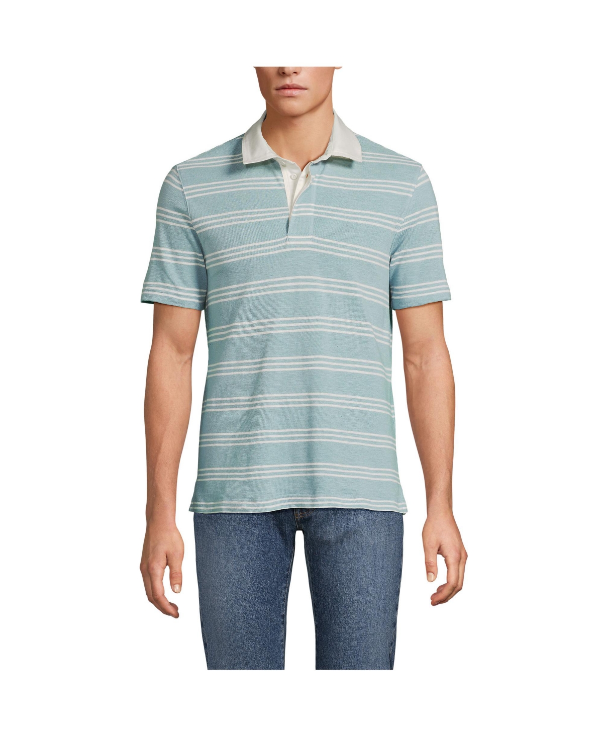 Men's Short Sleeve Cotton Linen Rugby Polo - Pale teal/ivory stripe