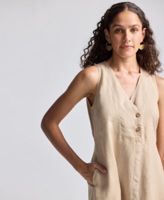 Women's Straight Dress with Front Slit in Neutral Beige Hemp