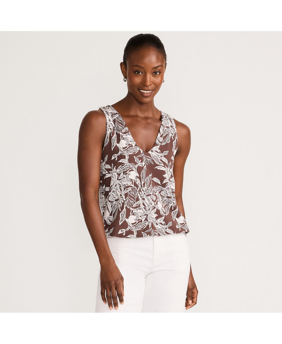 Petite Lightweight Jersey Blouson Vneck Tank - Bark/vanilla etched leaves
