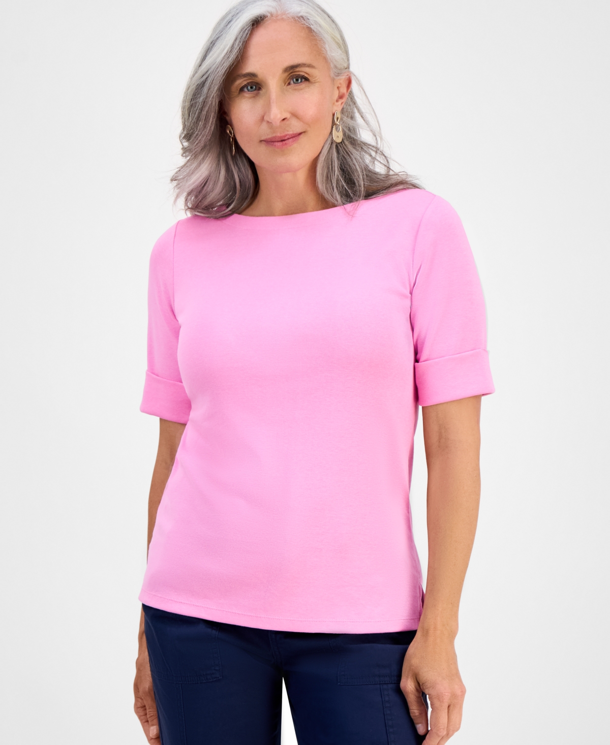 Style & Co Petite Cotton Elbow-sleeve Boat-neck Top, Created For Macy's In Pink