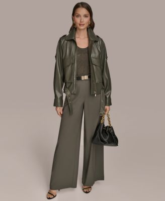 Women's Faux-Leather Zip-Front Belted Jacket