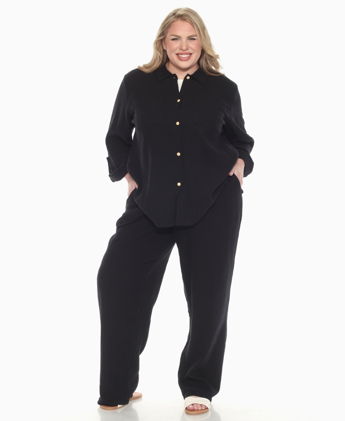 White Mark Plus Size Long Sleeve Button Down Cotton Gauze Set In Black