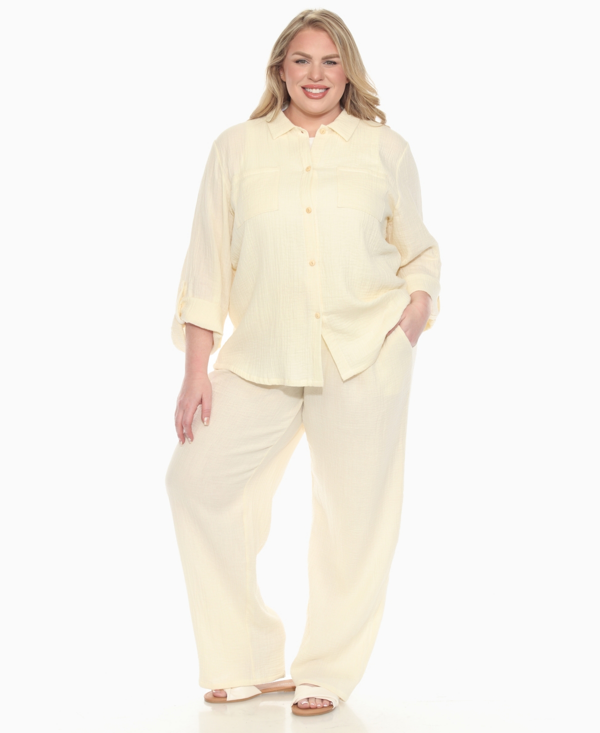 White Mark Plus Size Long Sleeve Button Down Cotton Gauze Set In White