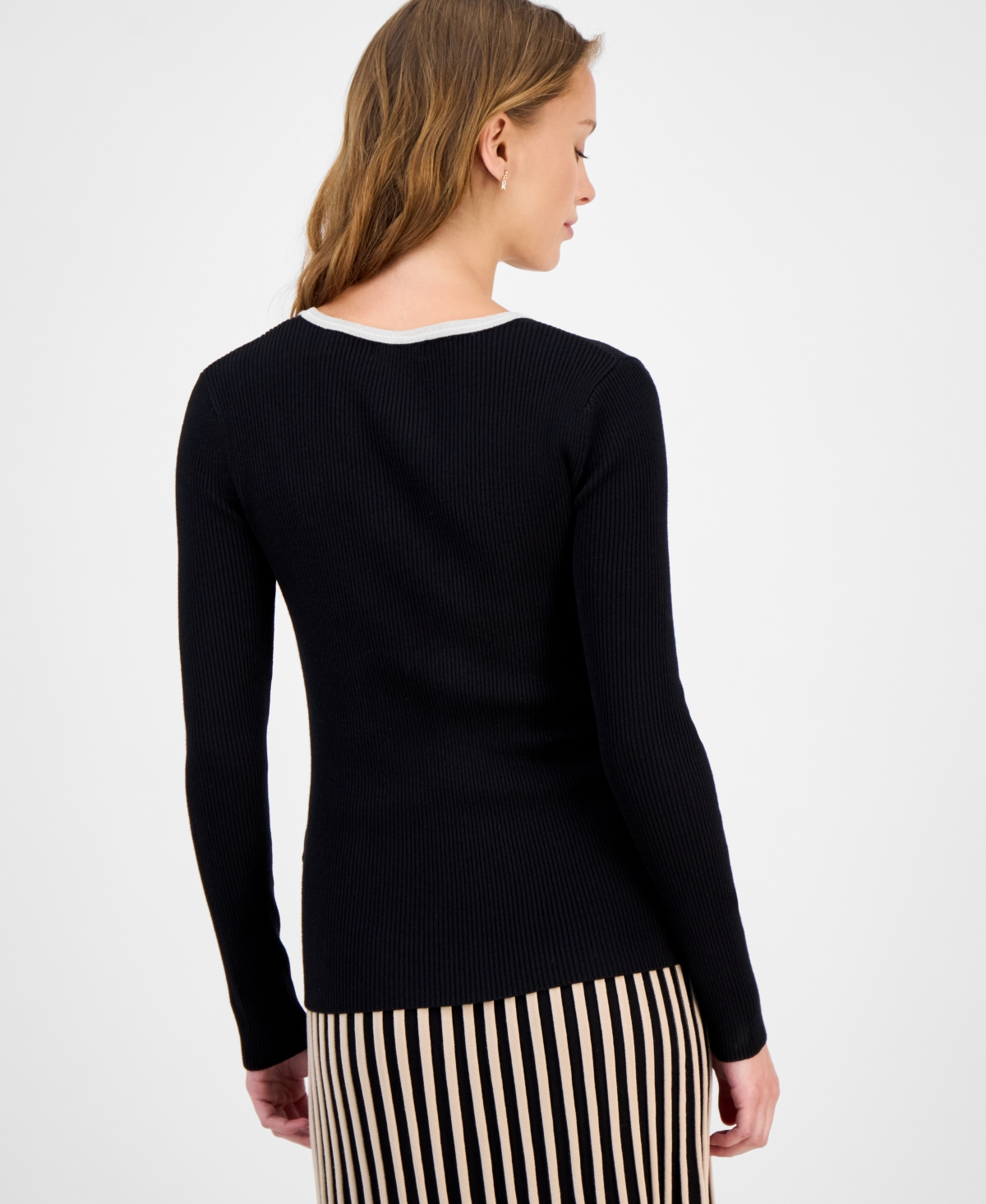 T Tahari Long Sleeve V Neck Striped Ribbed Sweater In Black