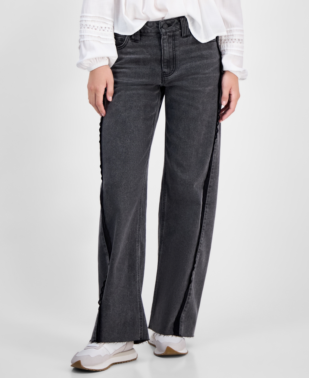 Tinseltown Juniors' Mid-rise Lace-seamed Baggy Jeans In Black