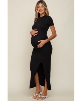 Black Mock Neck Front Slit Short Sleeve Maternity Maxi Dress 