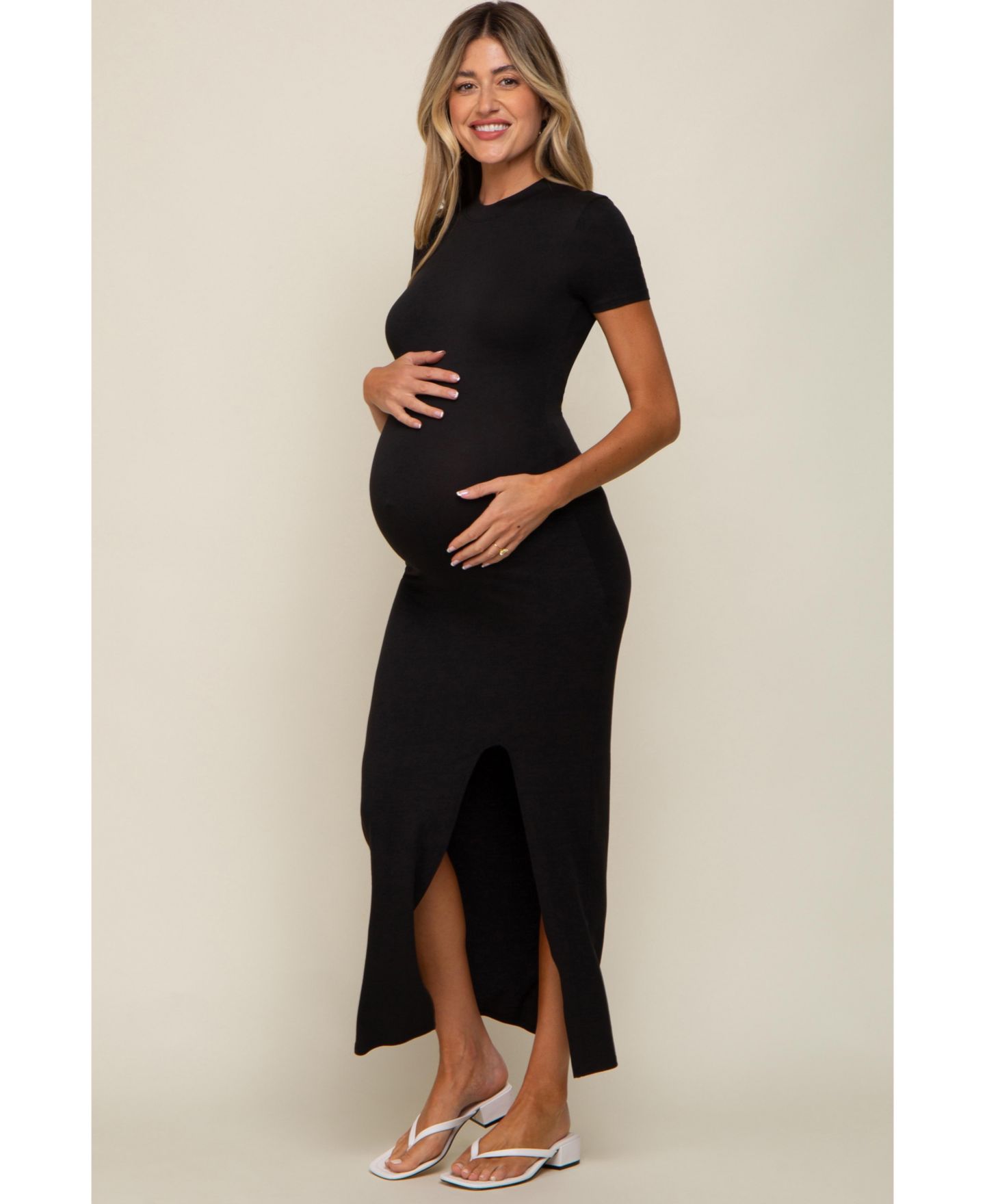 Женское платье Pinkblush Black Mock Neck Front Slit Short Sleeve Maxi, цвет: Чёрный — фото 4