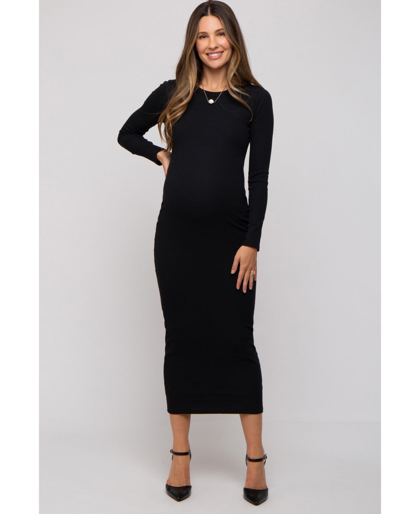 Женское платье Pinkblush Charcoal Ribbed Fitted Long Sleeve Midi, цвет: Чёрный — фото 1