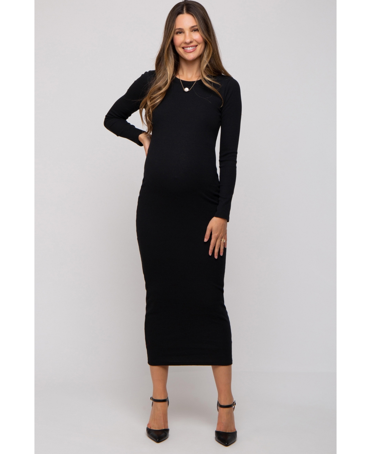 Maternity Black Ribbed Fitted Long Sleeve Midi Dress - Black