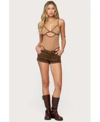 Women's Contrast Sheer Mesh Cut Out Bodysuit