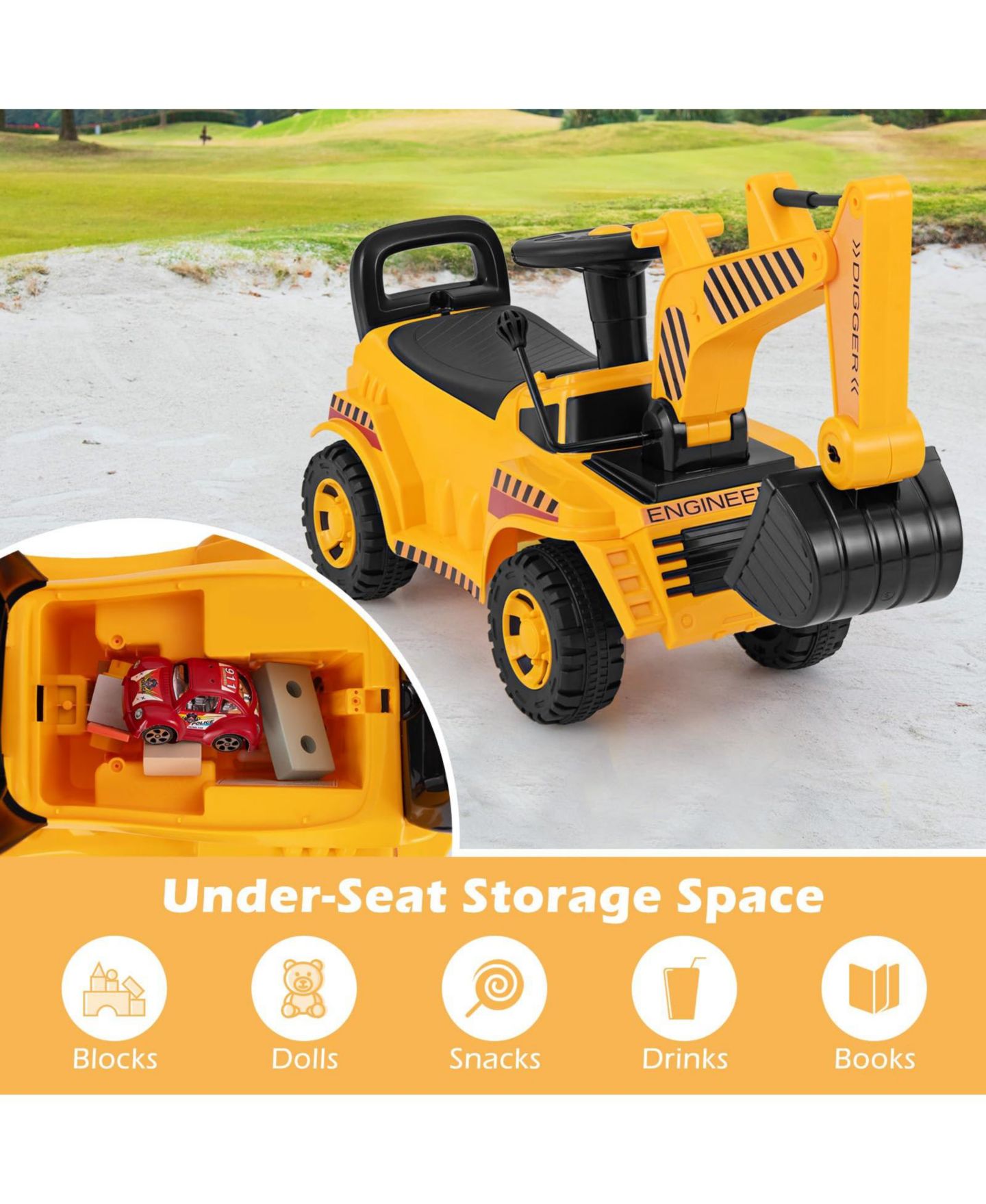 Детская игрушка Mecale Ride-On Excavator with Adjustable Shovel and Anti-Tipping, Ages 19-36 Months, цвет: Жёлтый — фото 5