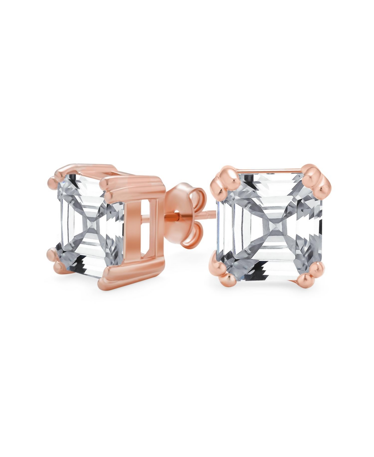 Cubic Zirconia Solitaire Cz Asscher Cut Stud Earrings Rose Gold Plated .925 Sterling Silver - Rose