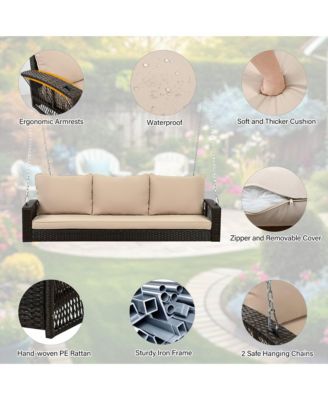 69" PE Wicker 3-Person Porch Swing with Cushions